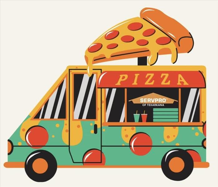 cartoon van with pizza on top